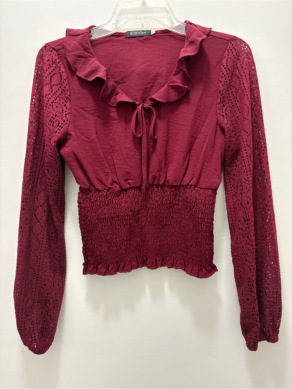 Smocked Waist Ruffle Tie-Neck Blouse in Burgundy